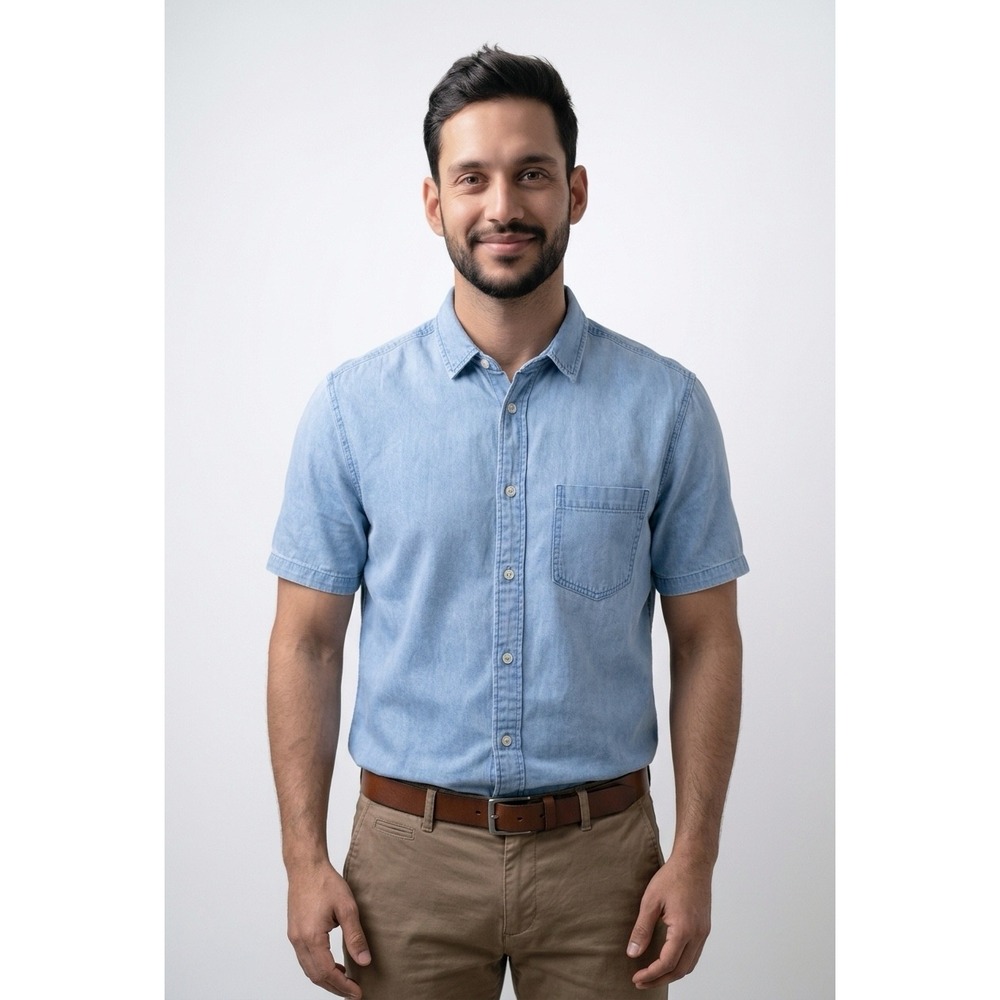 H&M Divided Mens Small Light Wash Denim Look Short Sleeve Button Down Shirt